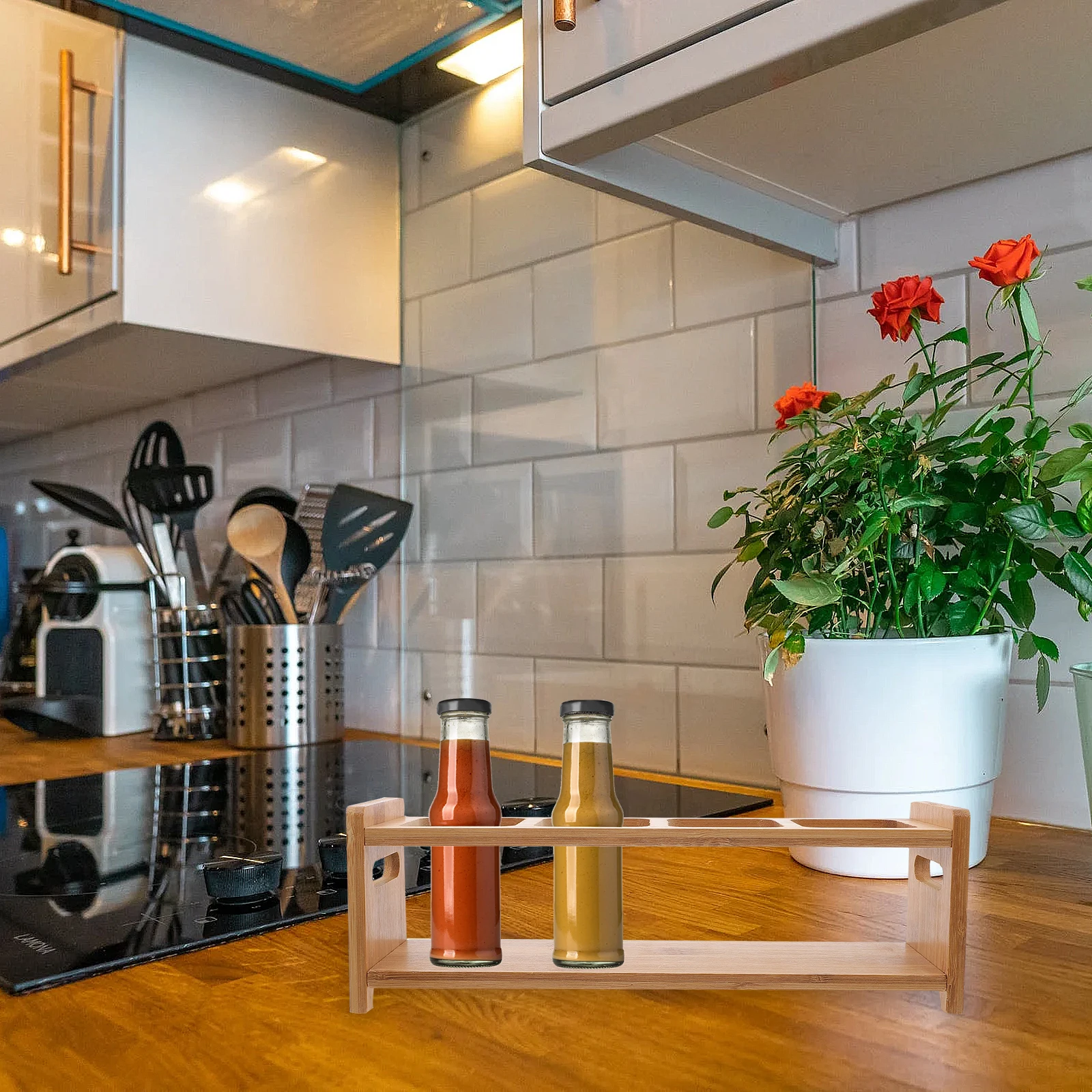 

Spice Jar Storage Rack Condiment Bottle Organizer Kitchen Seasoning Jars Holder Oil Shelf Four-holes