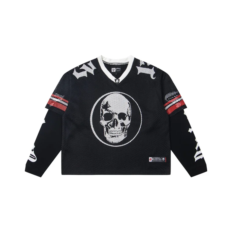 

Godspeed American High Street Модный бренд Long Sve Череп с принтом Me Splice Wfle Pattern Поддельный двухсекционный бейсбольный трикотаж...