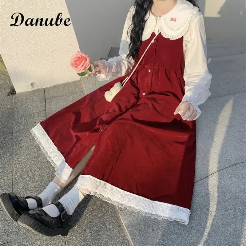 Vintage Long Sleeves Lolita Dress Women Japanese Kawaii Peter Pan Collar Shirt+High Waist Strap Midi Dress Female Party Vestidos