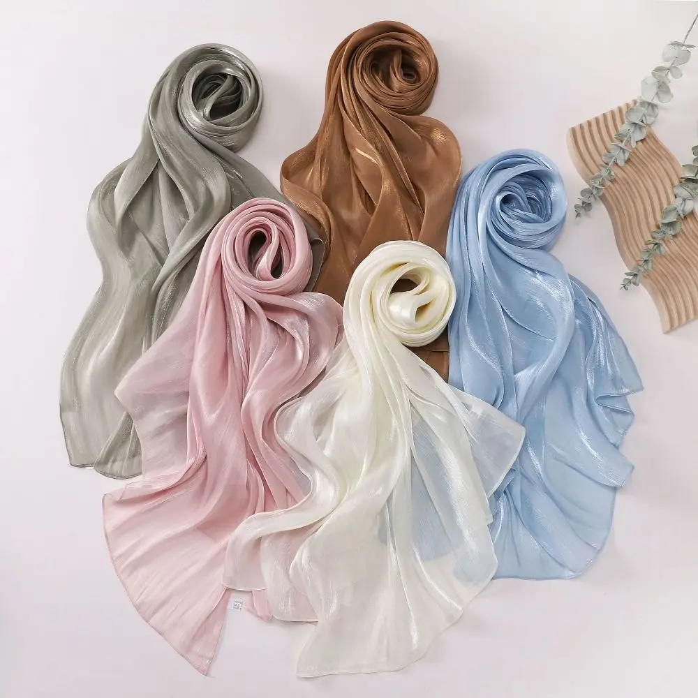 Modischer, einfarbiger Seidenschal, glänzender Chiffon-Sonnenschutzschal, langer, weicher Kopftuch, Seidenschal für draußen