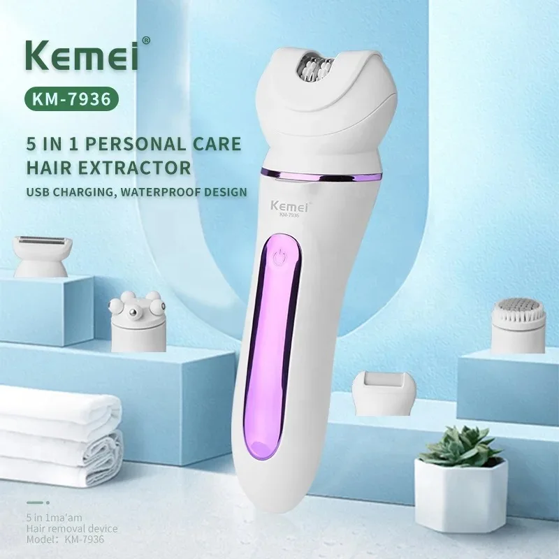 Kemei 5 in1 Electric Women Epilator for Face Female Shaver Facial Body Hair Removal Eyebrow Lady Shaving Machine Rechargeable