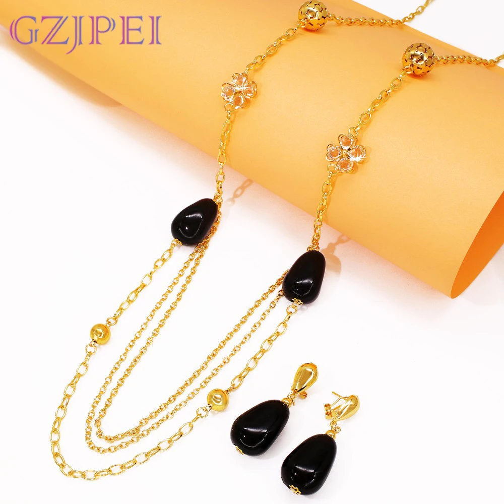 

GZJPEI Retro Baroque Necklace Earring Jewelry Set Boho Black Beads Long Chain Necklace Drop Ear Ring For Women 2025 New