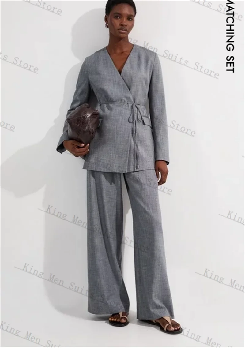 

Grey Formal Women Suits Set 2 Piece Belted Blazer+Pants Trousers Customized Office Lady Business Cotton Jacket Wedding Prom Coat