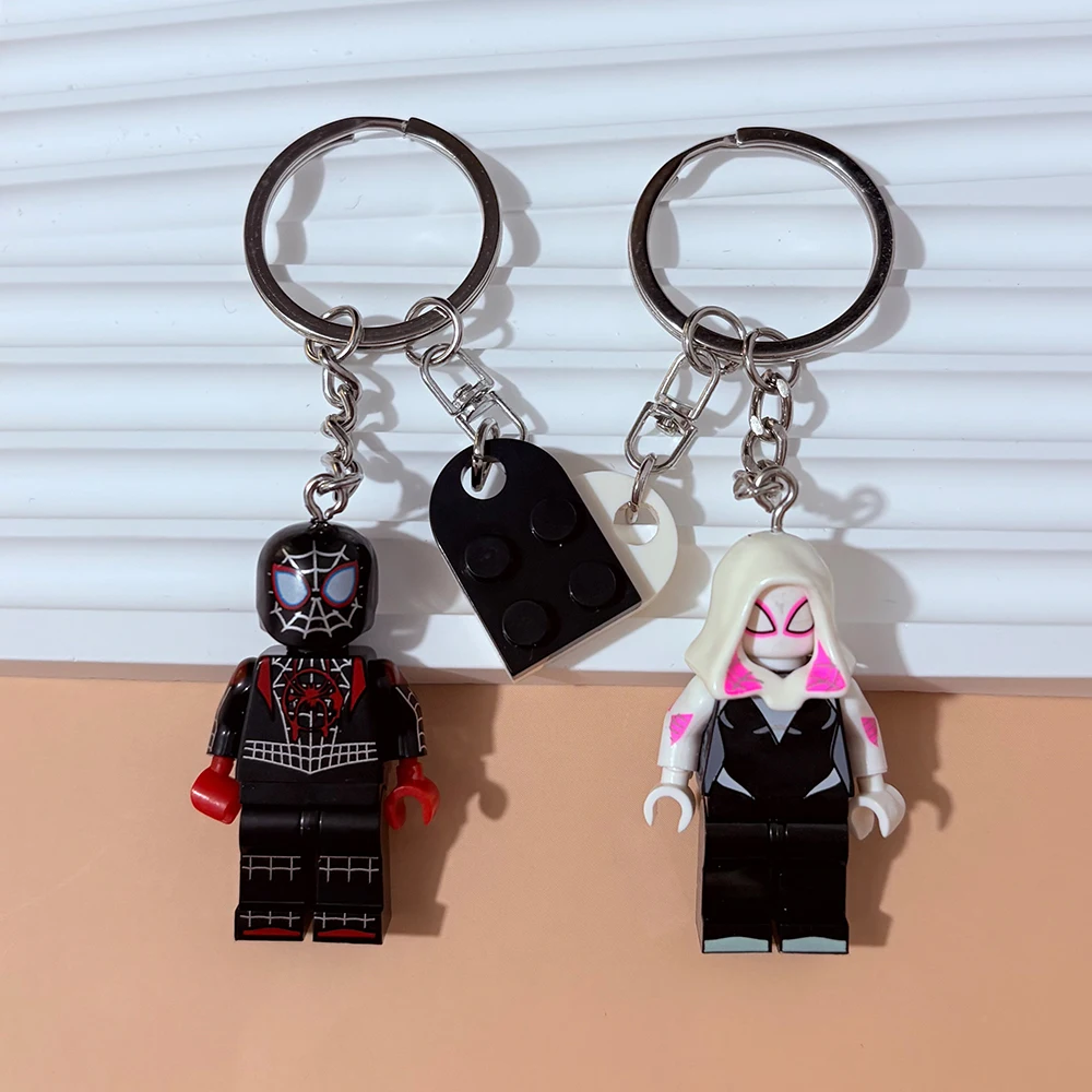 Couple Matching Keychain Spider Miles&Gwen Building Block Minifigure Heart Keyring Backpack Pendant Valentine Gift for Lovers