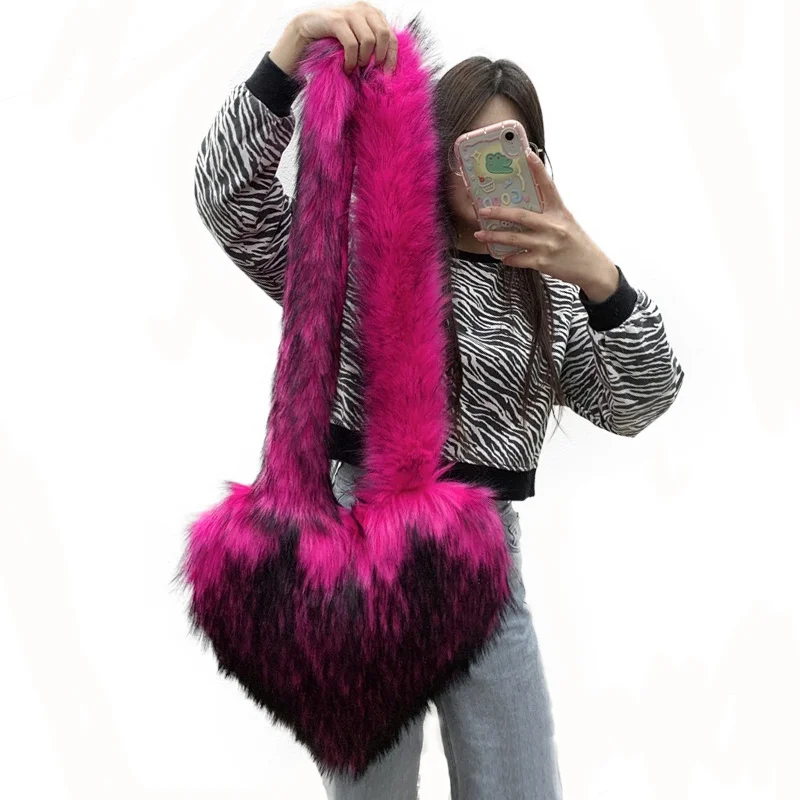 Faux Natural Fur-Ever Mongolian Furry Fur Heart Shape Oversized Tote Bags For Women Handbags With Long Shoulder Fur Straps