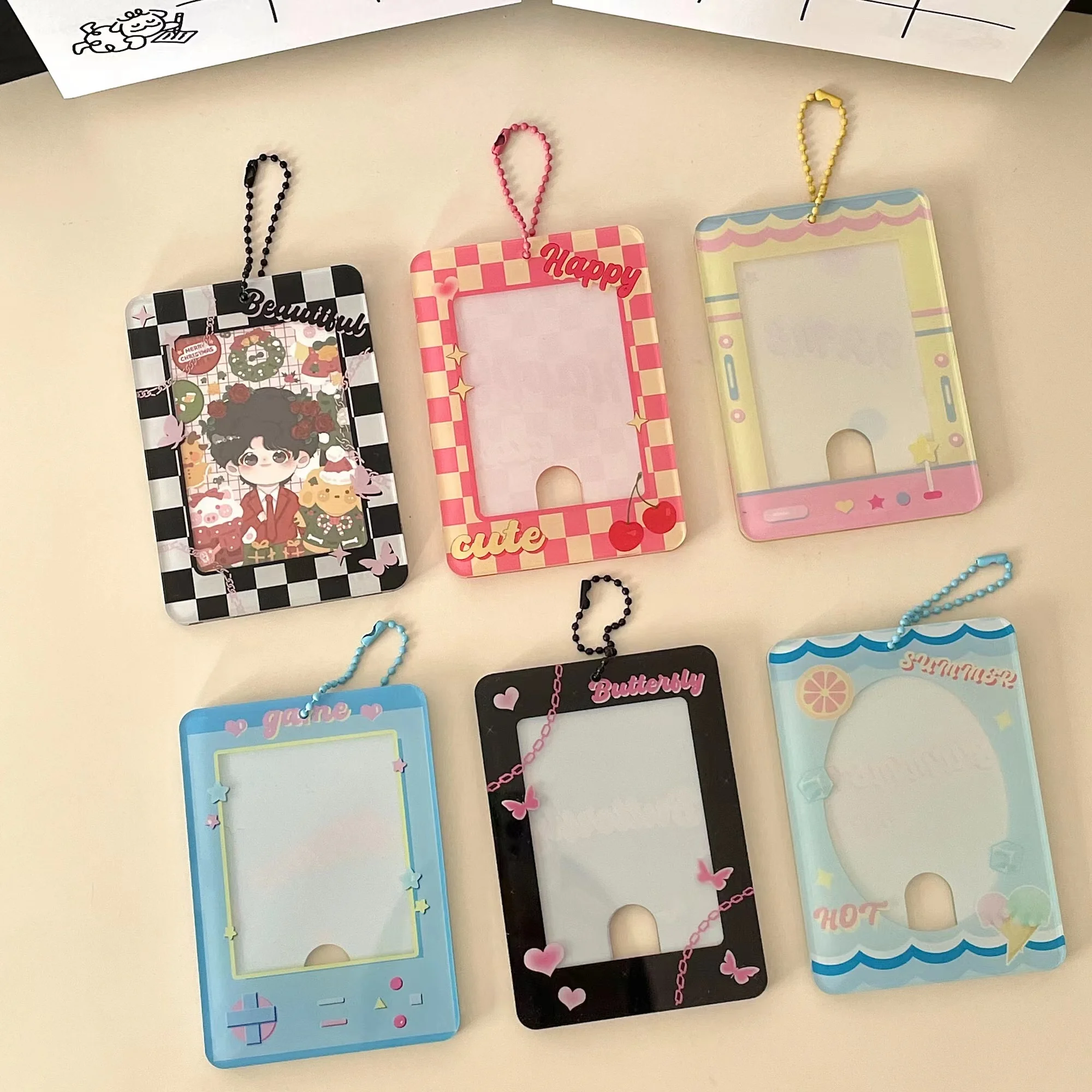 Checkerboard DIY Photocard Card Holder Case Kawaii Keychain Korea Photo Frame Acrylic Idol Star Chasing Pendant Stationery