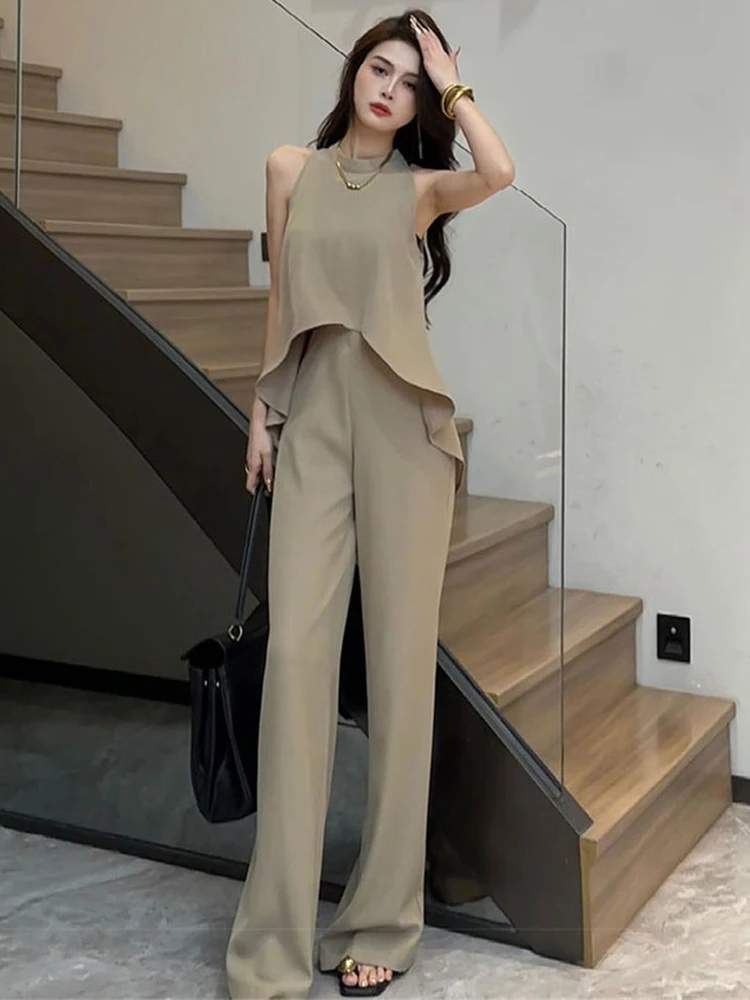 Fashion Casual Two Piece Pant Set For Women Sleeveless Sexy Vest Top + High Waist  Wide Leg Pants Suits Summer 2 Piece Outfit