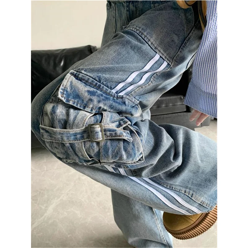 2024 Blue Women's Jeans Hip-hop Fashion Vintage Streetwear Y2K Wide Leg Straight Jean High Waist Trouser Baggy Cargo Denim Pants