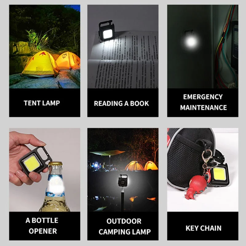 Portátil Mini LED trabalhando luz, lanterna de bolso, USB recarregável, luz chave, lanterna, camping, fora, caminhadas, lanterna COB