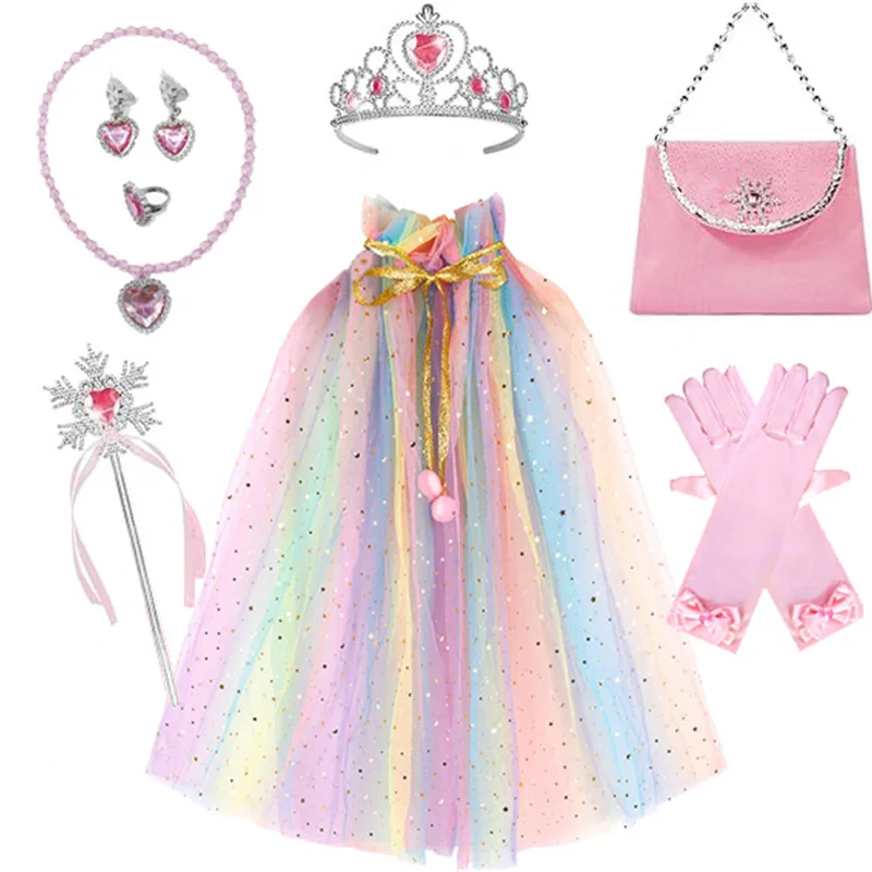 

Girls Ice Snow Princess Cape Gloves Love Heart Crown Magic Wand Love Heart Necklace Earrings Ring Bag Set Princess Party Set