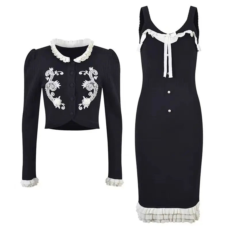 Elegant Women 2-piece Suit Retro Embroidered Ruffle Edge Knitted Cardigan Sweet Bow Sleeveless Slim-fitting Dress Daily Party