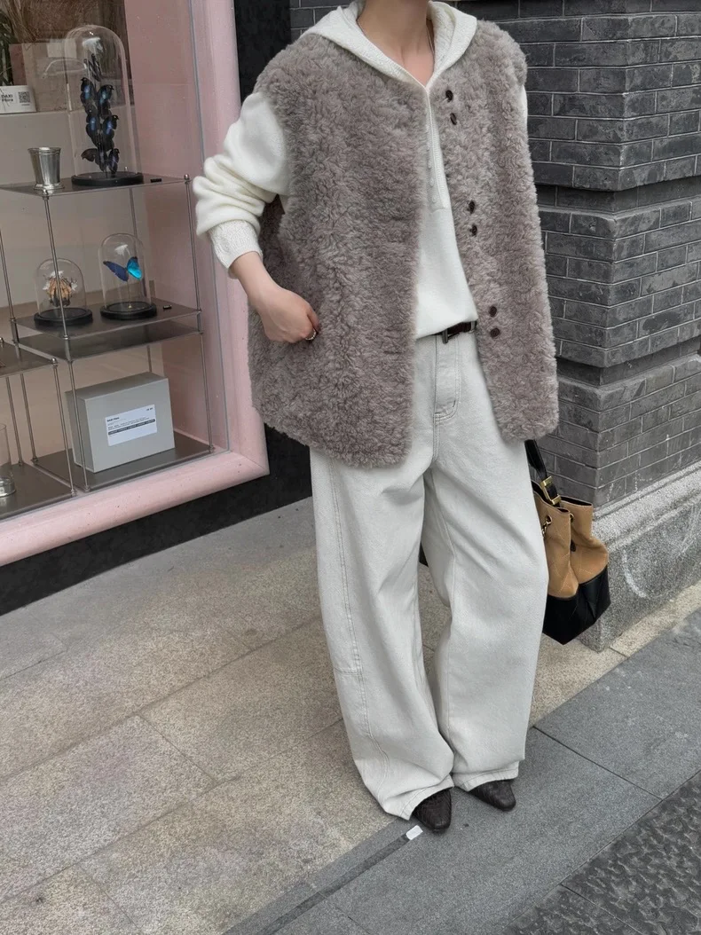 

Retro American Sle Women's Lamb Fur Vest Plu Leather And Fur Inteated Autumn Winter Faionable Outerwear Anti-Aging