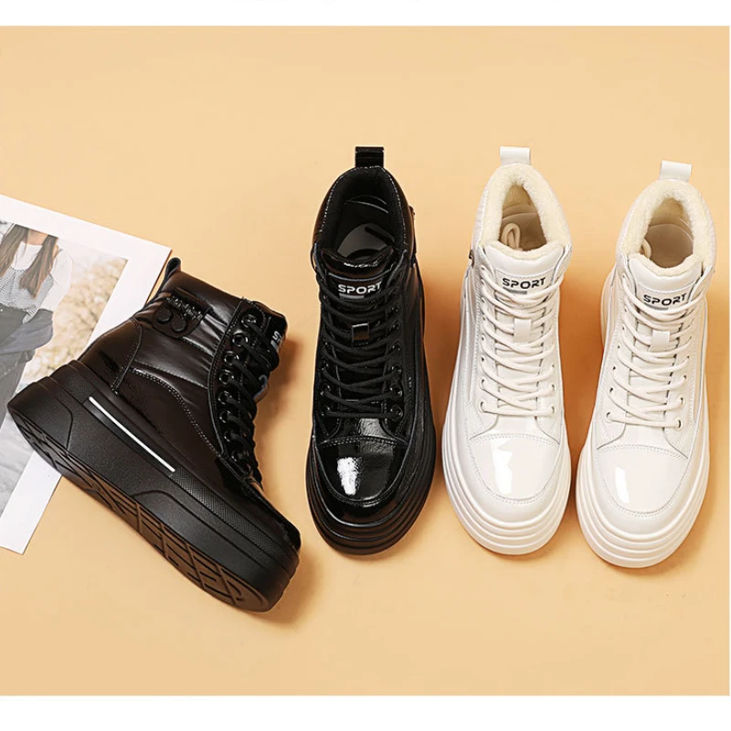 Fujin 8cm Genuine Lesther Autumn Winter Motorcy Ankle Boots Cross Tied Keep Warm Thick Bottom Lace Up Comfy Plush Spring Shoes