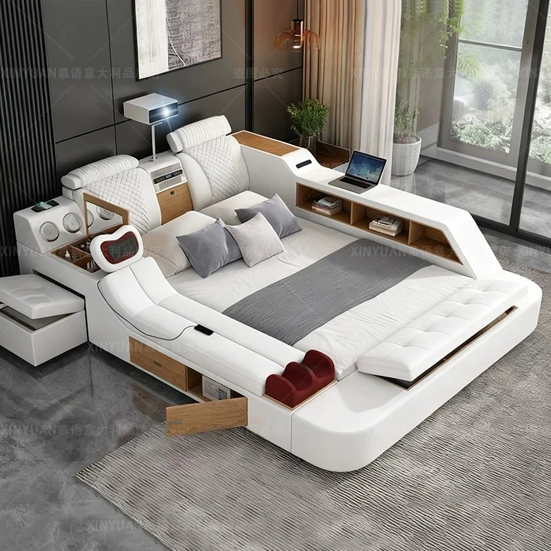 Upholstered Drawers Beds Platform Leather Space Saving Invisible Beds Wall Bookcase Letto Matrimoniale Mid Century Furniture