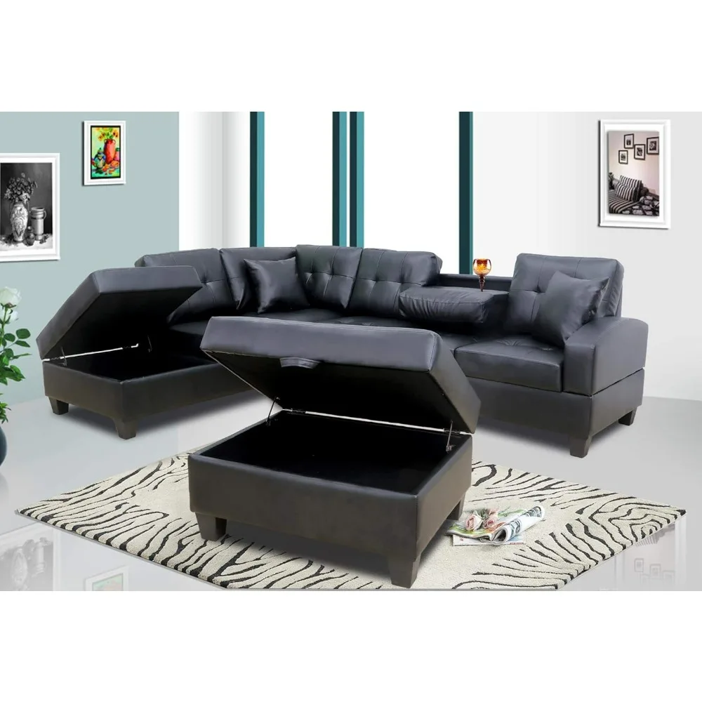 Sofa Pu Leather Living Room Sectional Sofa Set in Black/White 18