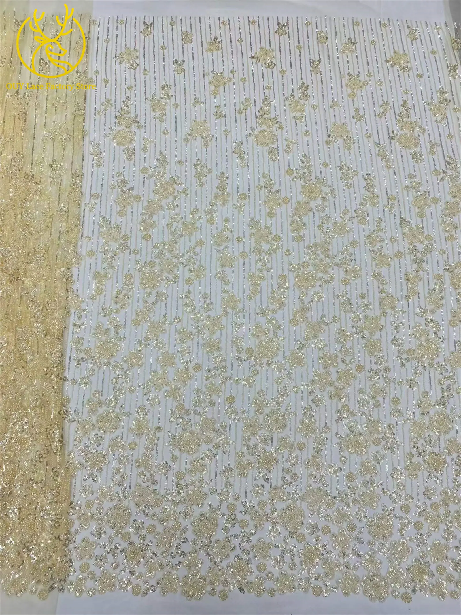 Weißer Braut-Spitzenstoff mit Perlen 2026 Neuer Stil Afrikanischer Pailletten-Spitzenstoff Französische Stickerei Tüll-Netzspitze 5 Yards – Detail 9