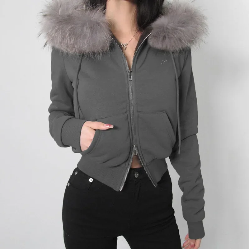 Goth Grey Faux Fur Collar Hooded Zip Up Hoodies Gothic Grunge Pockets Autumn Black Jackets Female Y2k Streetwear egirl Cardigans