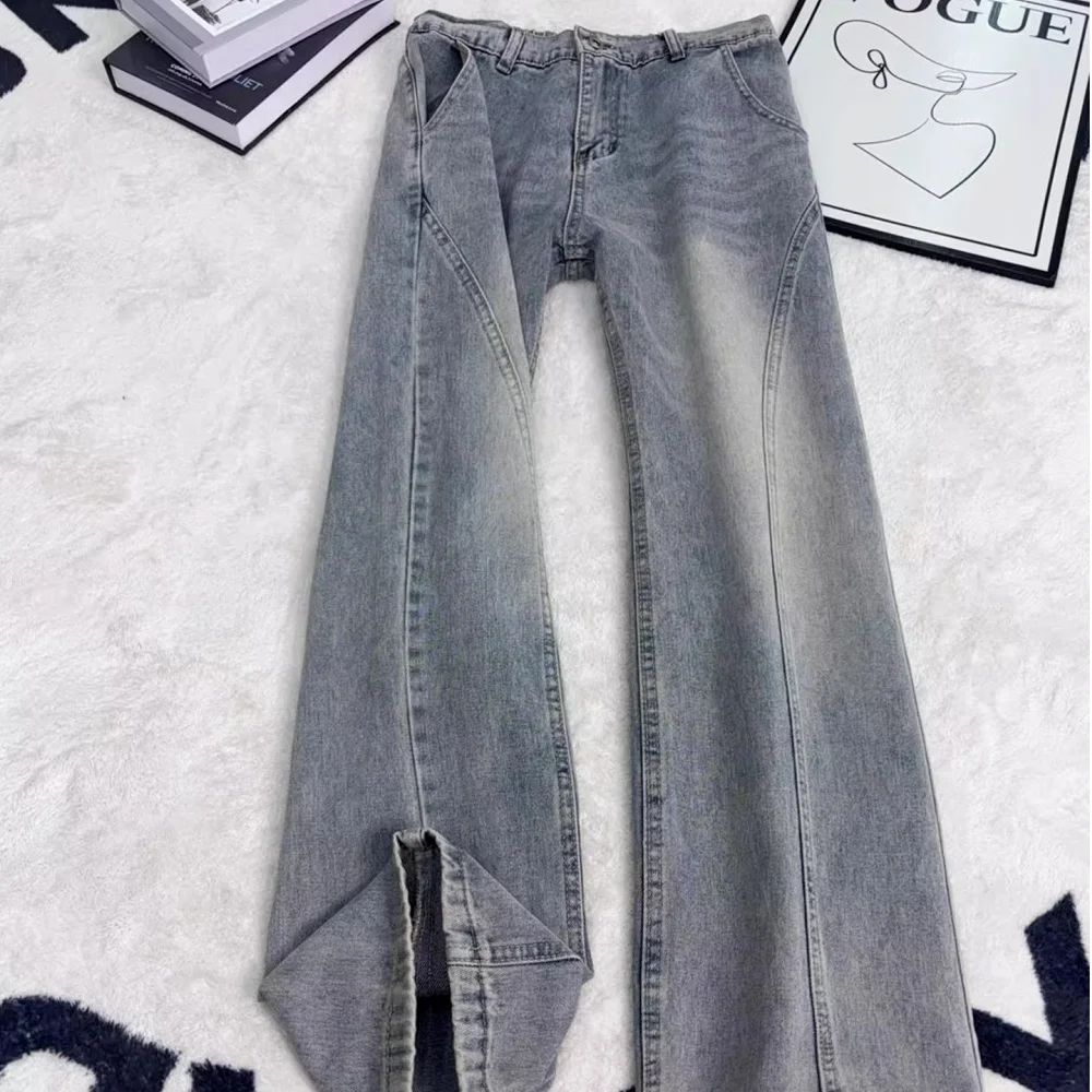 

Y2K Korean Men's Jeans American Side-Cut Flared Workwear Pants Half Elastic Waist Slim Straight Retro Blue Leaf Blade Denim