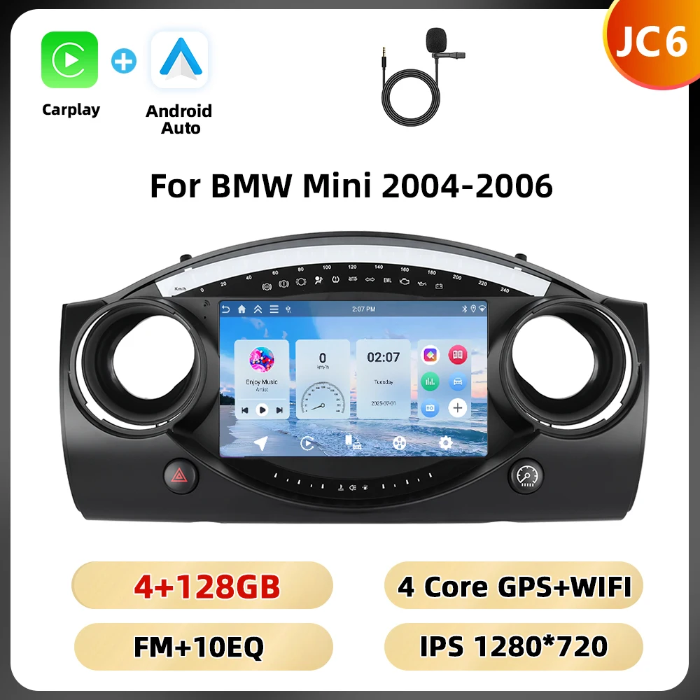 Podofo 8+128G 8-core autoradio voor BMW Mini 2004-2006 multimediaspeler Android Auto Carplay WIFI 4G Qualcomm AI spraakbesturing auto-audio