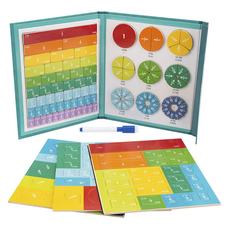 เด็กเศษส่วนแม่เหล็กการเรียนรู้ของเล่นคณิตศาสตร์ไม้เศษส่วนชุดเด็กเลขคณิตการเรียนรู้ของเล่นเพื่อการศึกษาการสอน Aids