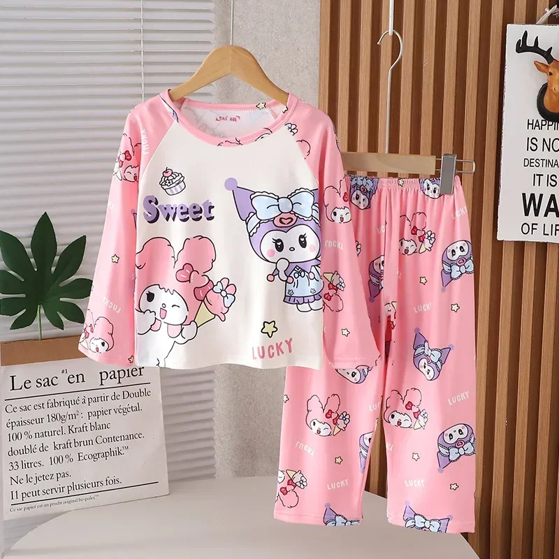 Anime Sanrio Pochacco Cinnamoroll Kuromi Children Loungewear My Melody Spring Autumn Long Sleeve Round Neck Girls Nightwear Set