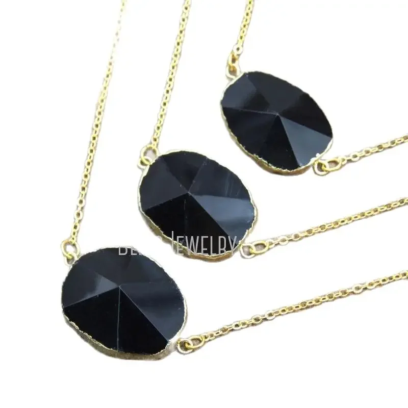 10pcs Free Form Black Onyx Pyramid Pendant Charm Necklace Gold Color Stainless Steel Chain Women Arcane Jewelry