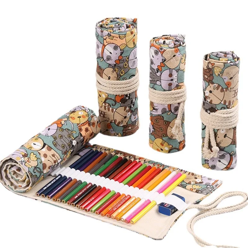 12/24/36/48/72 Hole Pen Curtain Case Cartoon Cat Roll-up Pencil Bags Colored Lead Pure Cotton Canvas Large-capacity Pencil Case