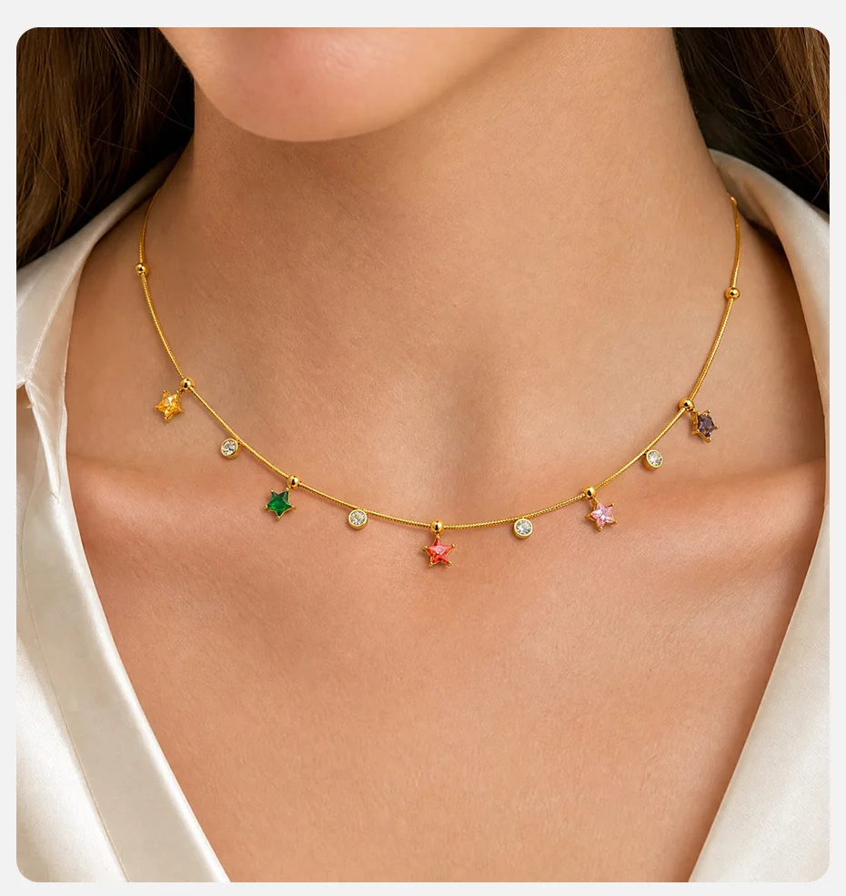 Vnox vergoldete bunte Stern-Zirkonia-Schlangenhalskette für Damen, Edelstahl, süße mehrfarbige Kristalle, zierlicher Halsschmuck – Detail 2