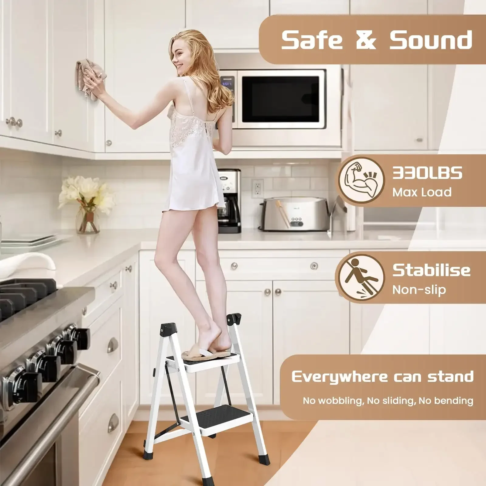 2 Step Ladder, Adult Folding Step Stool, 330 lbs Weight Capacity, Portable Lightweight Sturdy Steel Ladder, Wide Non-slip Steps