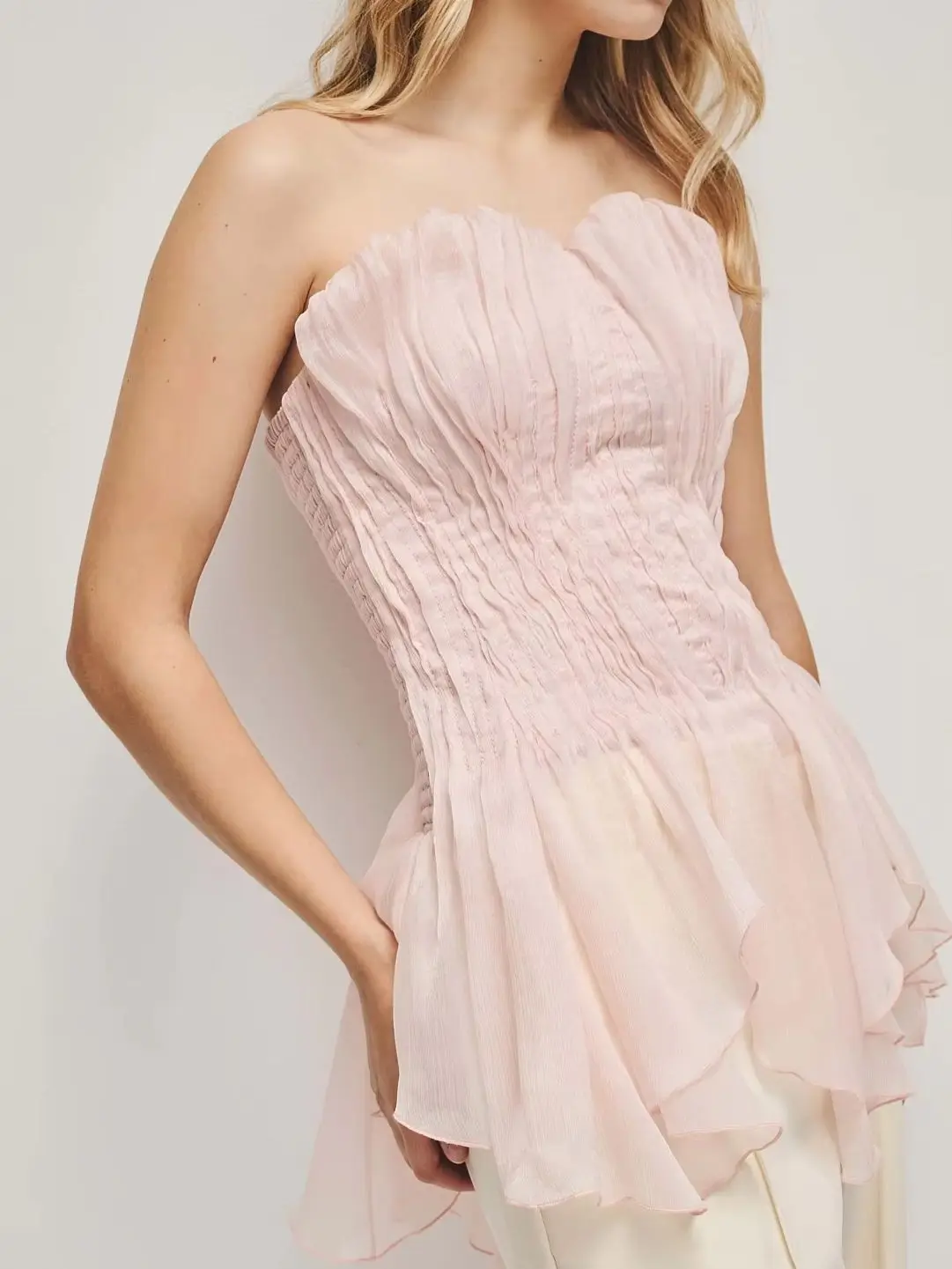 2026 Women Mesh Spliced Top Strapless Sleeveless Solid Color Casual Irregular Tops