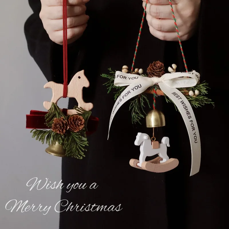 Christmas Rocking Horse Hanging Ornament,Wooden Bell Pinecone Hanging Decoration,Christmas Tree Pendant Home Holiday Party Gift