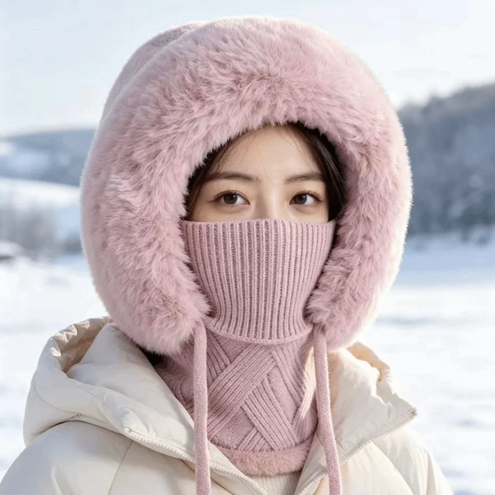 Trim Winter Thick Hat Ear Coverage Drawstring Women's Knitted Ear Protectors Scarf Diamond Pattern Warm Lining