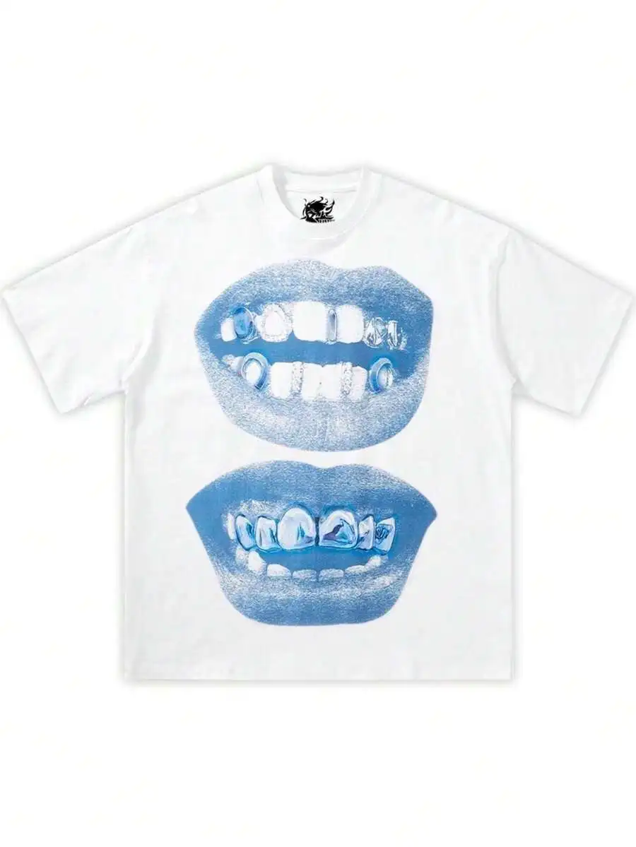 Double Blue Lips Grillz Boxy Cotton Tee, Fashion Streetwear Unisex Men Women Cotton Round Neck