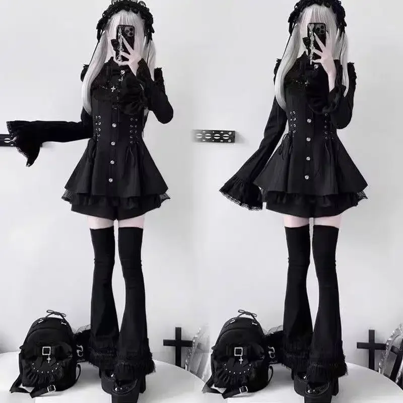 Y2k estética lolita estilo arco vestido shorts conjunto japonês feminino gótico renda alargamento manga botão camisa vestido punk festa mini vestido