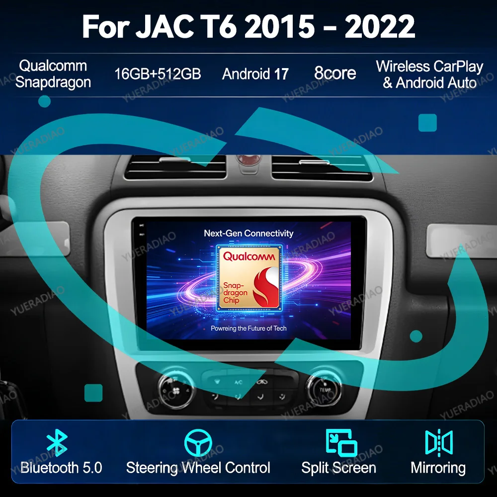 Android 17 Car Radio For JAC T6 T8 2015 2016 2018 2022 2021 Multimedia Stereo Video Player 4G WIFI QLED Qualcomm BT 2DIN NAVI