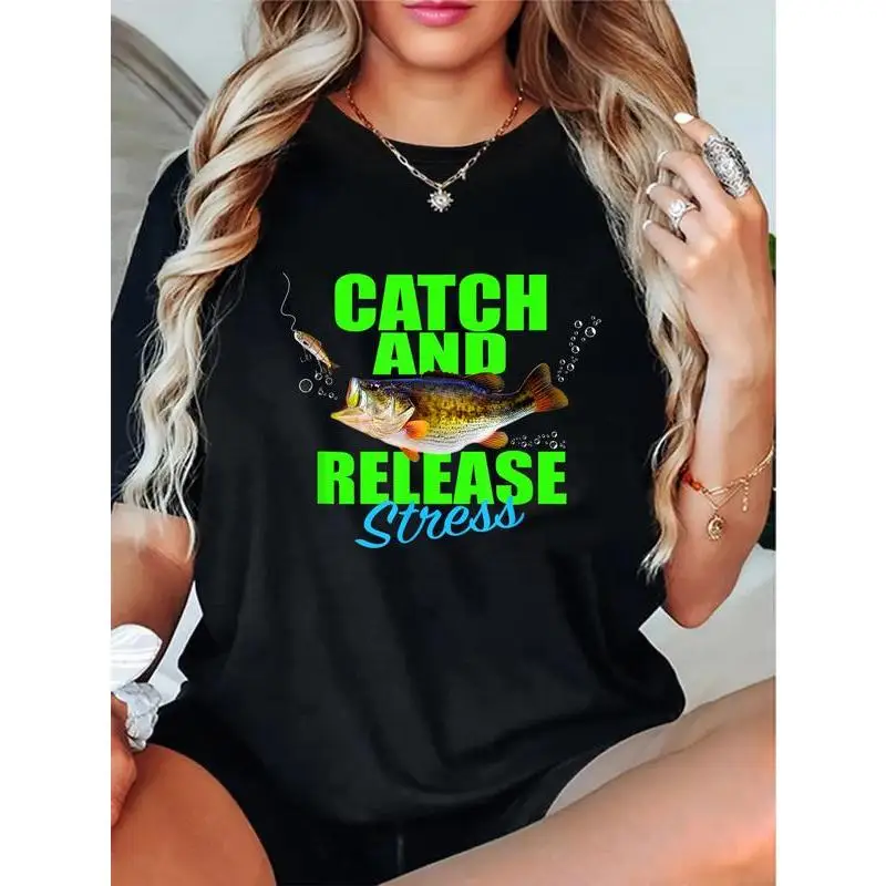 

"Funny Fishing T-Shirt for Women | 'Catch and Release Stress' Graphic Tee | Bass Fisherman Gift | Outdoors Summer Top"