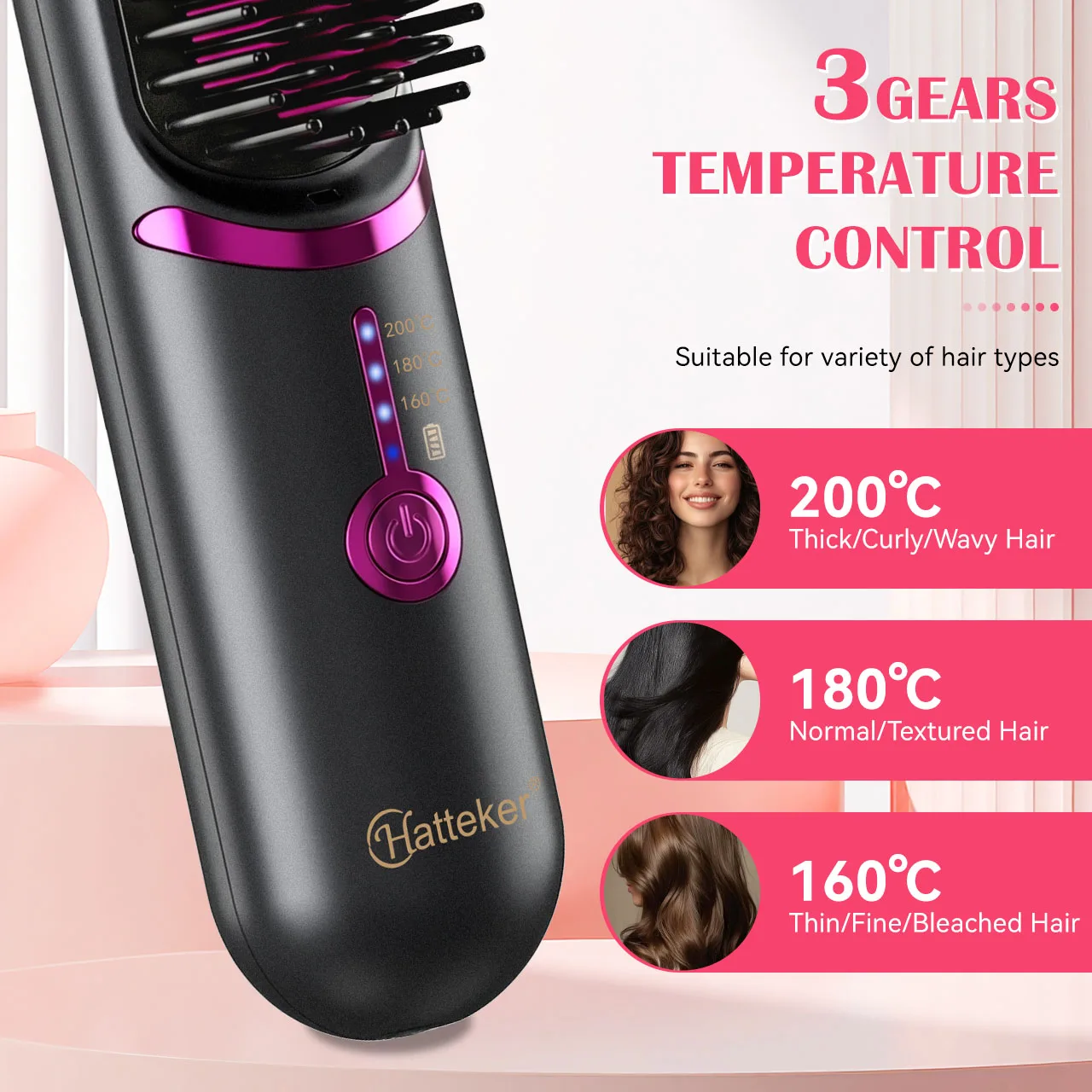 Hatteker Wireless Portable Travel Hair Straightening Comb Three Temperature Settings Volumizing Root Straight And Curl Dual Use Hot Air Comb - view 5