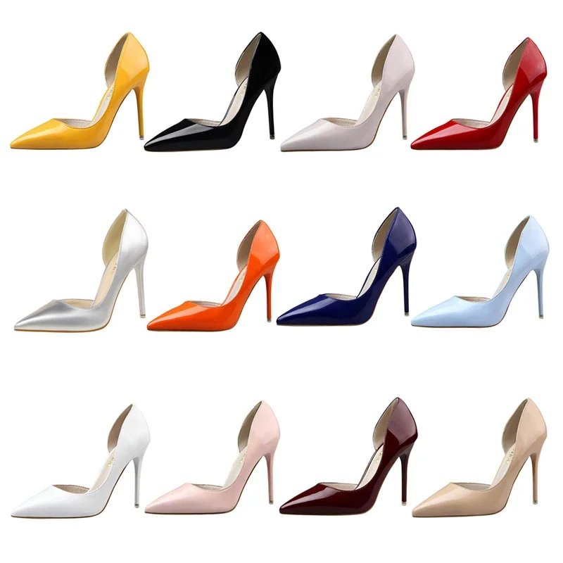 Women Party 7.5cm 10.5cm High Heels Office Patent Leather Pumps Lady Stiletto Low Heels Scarpins Cutout Elegant Orange Red Shoes