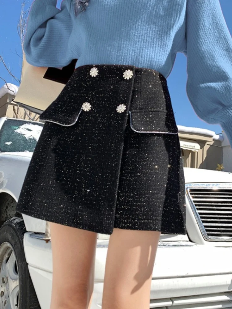 SMTHMA Beige Black Skirts For Women 2024 Faldas Mujer De Moda Vintage Tweed Vintage Jupe Vintage Korean Saia A-Line Mini Skirt