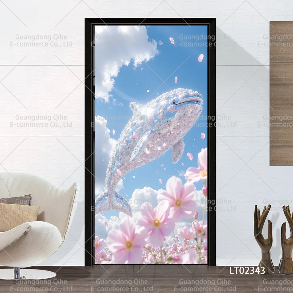 Floral Butterfly Landscape Door Sticker Full Door Cover Decals Wallpaper Home Cabinets Waterproof Aesthetic Vinyl  Decoration
