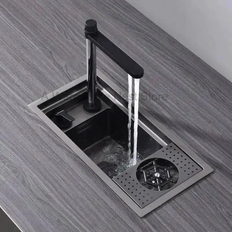 Island Bar Mini Small Sink Home Hidden Stainless Steel Kitchen Sinks Handmade Single-slot with Cup Washer and Vegetable Basin WY