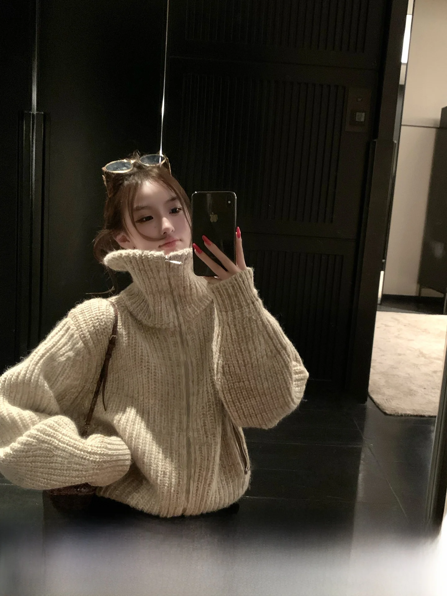 

OYFF Mixed Knit High Collar Women's Cardigan Casual Loose Fit Long Sve Warmth Ciwalk Faion Claw Biscuit Sle