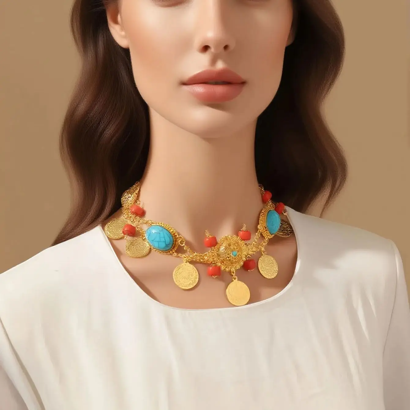 New turkish kurdish gold plated women necklace blue stone chocker necklace for bridal arabic wedding festival jewelry
