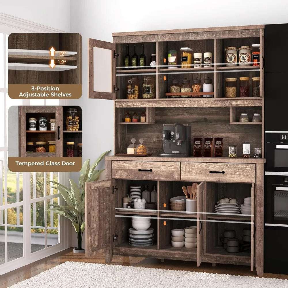 Armoire de rangement haute avec portes en verre, tiroirs, étagères réglables, armoire de garde-manger de cuisine en bois