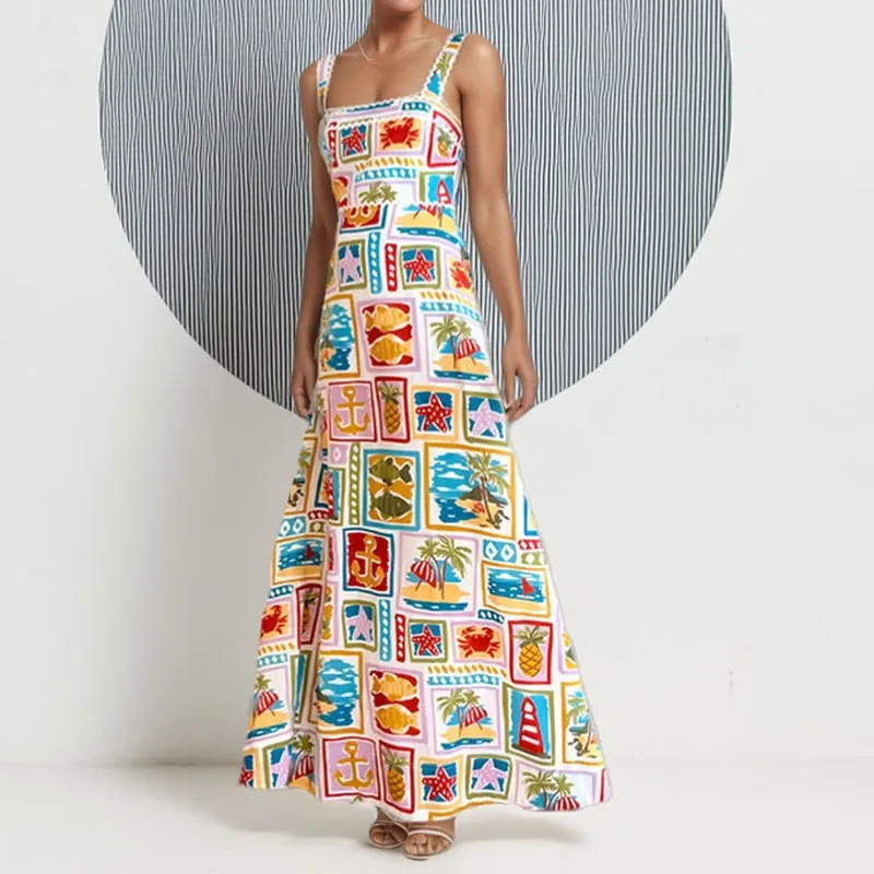 

Trendy Print Holiday Dress Women High Waist Slim Sleeveless Summer Beach A-line Suspended Dress Square Collar Long Dress Vestido