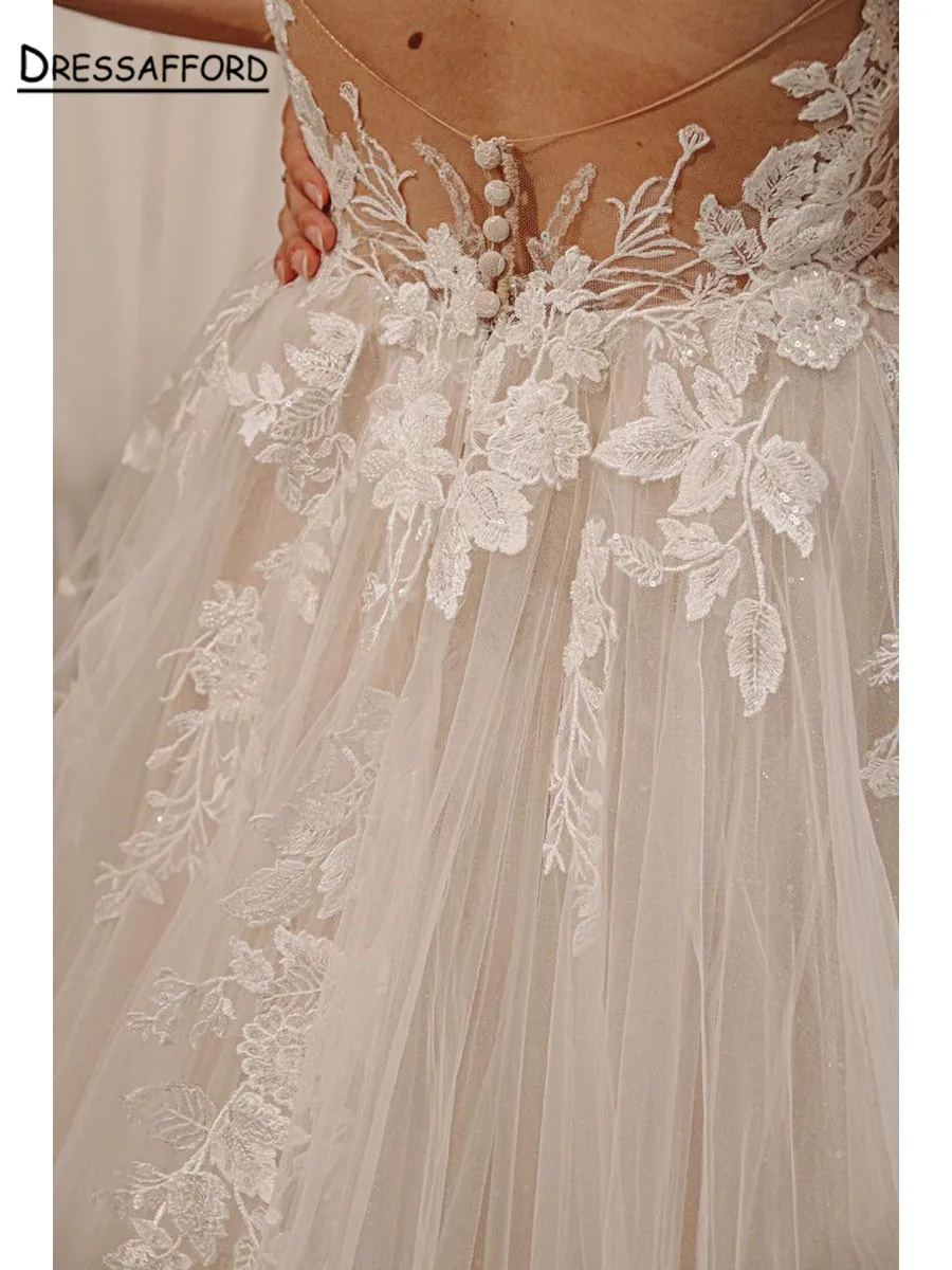 Boho Tüll Hochzeit Kleider Sexy V-ausschnitt Spaghetti-trägern A-Line Spitze Appliques Backless Braut Kleider Für Frauen 2022 Nach Maß