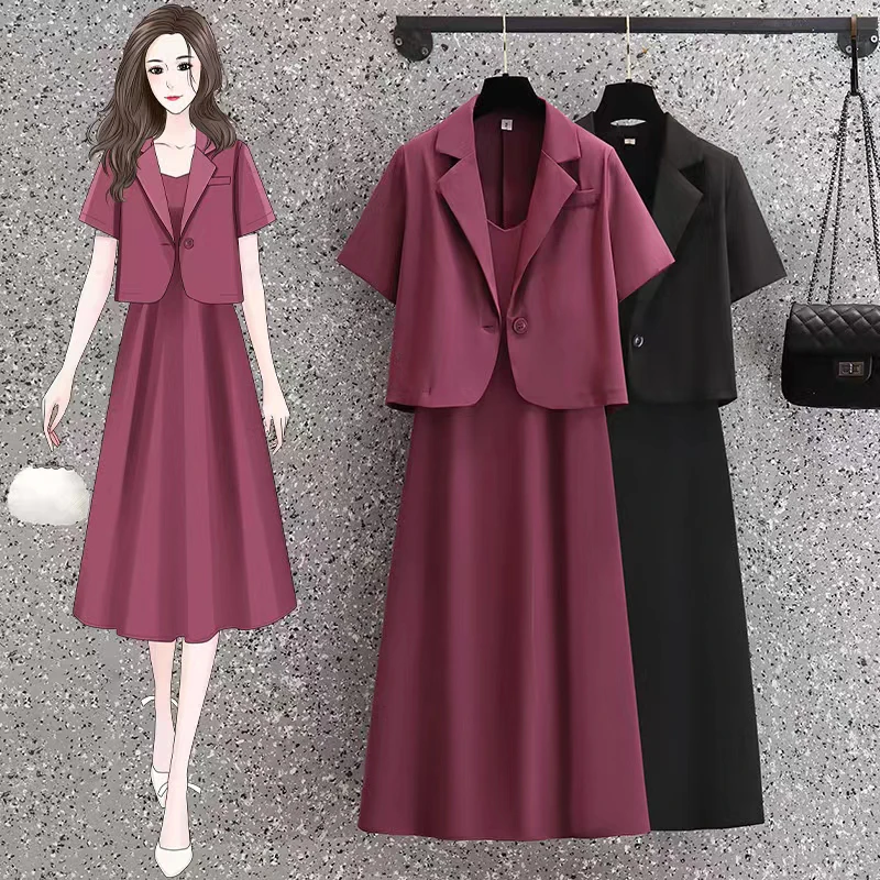 

Summer Women's Short Sleeve Blazer Sling Dress Two Pieces Set Korean Ladies Sweet Pink Outfits Fashion Camisole Dresses M-4XL