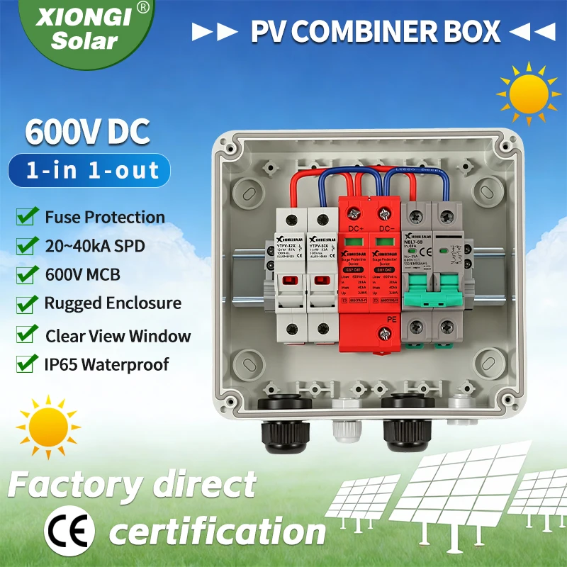 

Full Copper Wire Solar photovoltaic PV DC Combiner Box Surge Lightning Protection 1 input 1 out DC 600V Fuse MCB SPD Box IP65