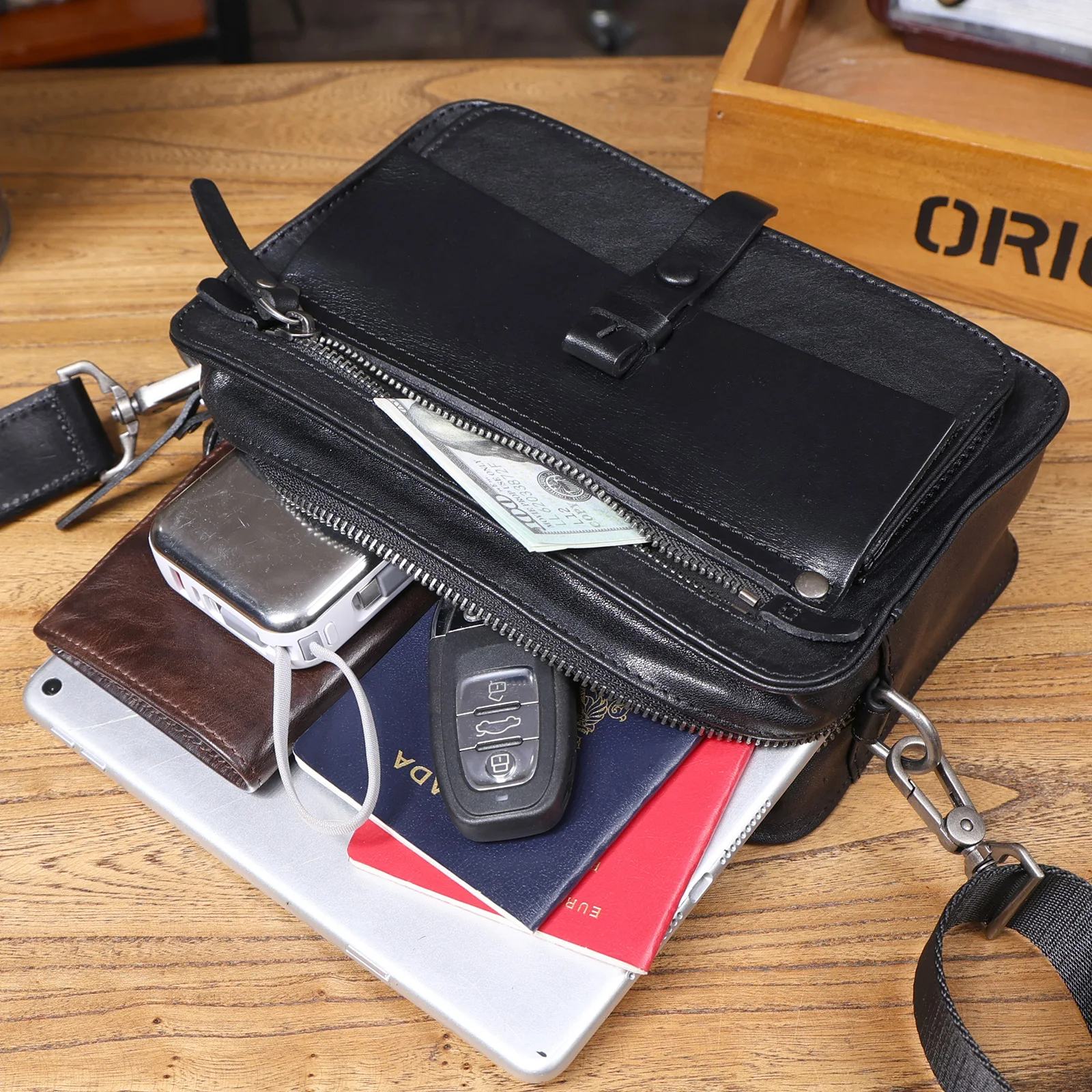 Vintage-Umhängetasche für Herren aus hochwertigem Rindsleder, modische Casual-Crossbody-Tasche, pflanzlich gegerbte Echtleder-Schultertasche – Detail 27