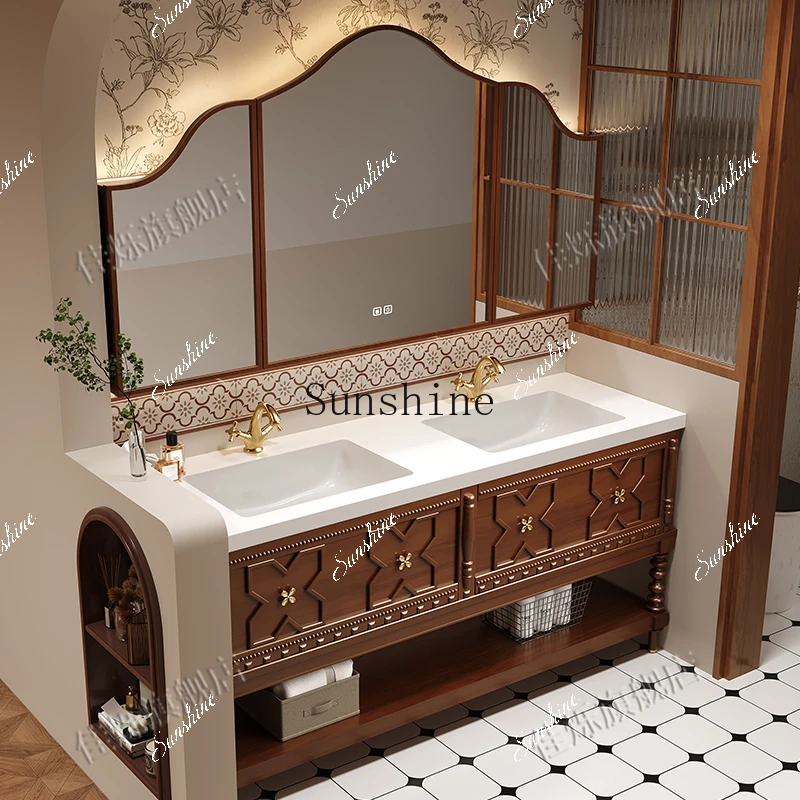 French retro combination bathroom double basin washbasin simple washbasin cabinet   TF